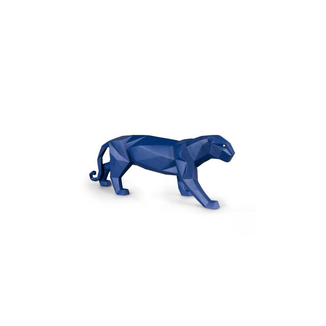 Scultura Pantera Lladrò in porcellana azzurro opaco geometrica 19x50 cm