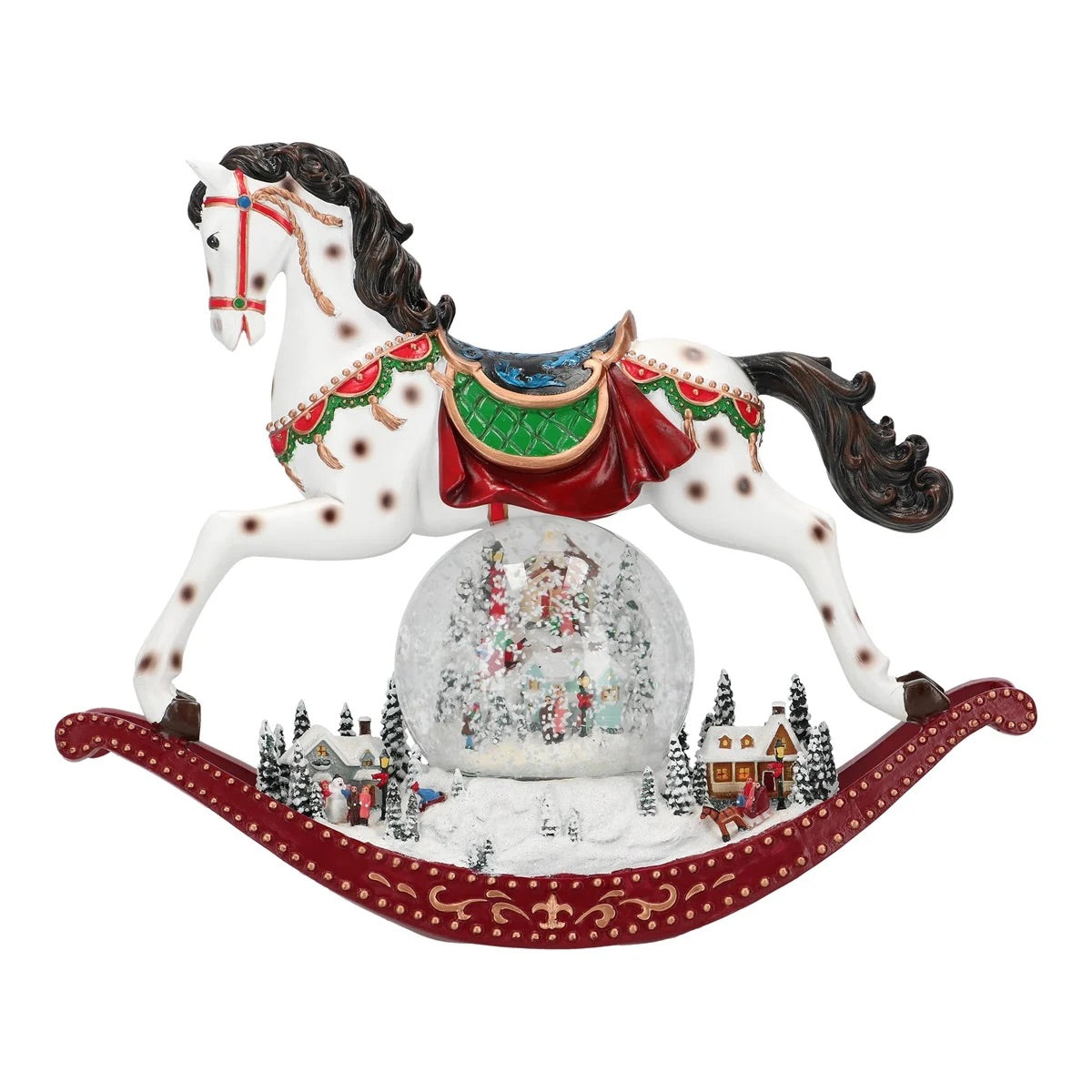 Cavallo a dondolo carillon Timstor con luci LED e globo di neve 32x27 cm