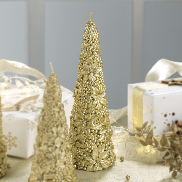 Candela cono Mascagni Casa in cera decorata oro a rilievo 20 cm