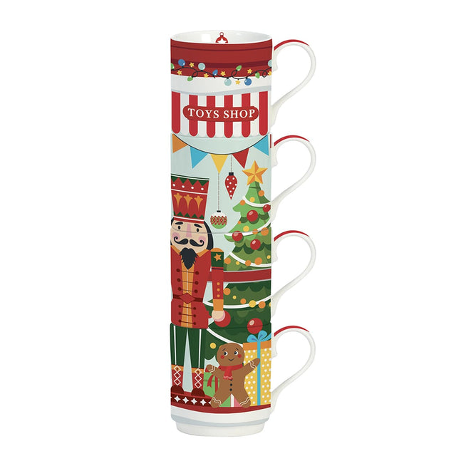 Set 4 tazze impilabili Easy Life in porcellana decoro natalizio 275 ml