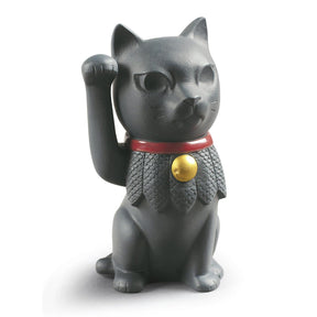 Statuina Maneki Neko Lladrò in porcellana nera opaca 11x6 cm