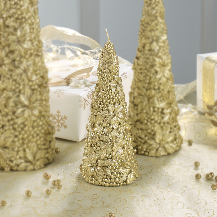 Candela cono Mascagni Casa in cera decorata oro a rilievo 15 cm