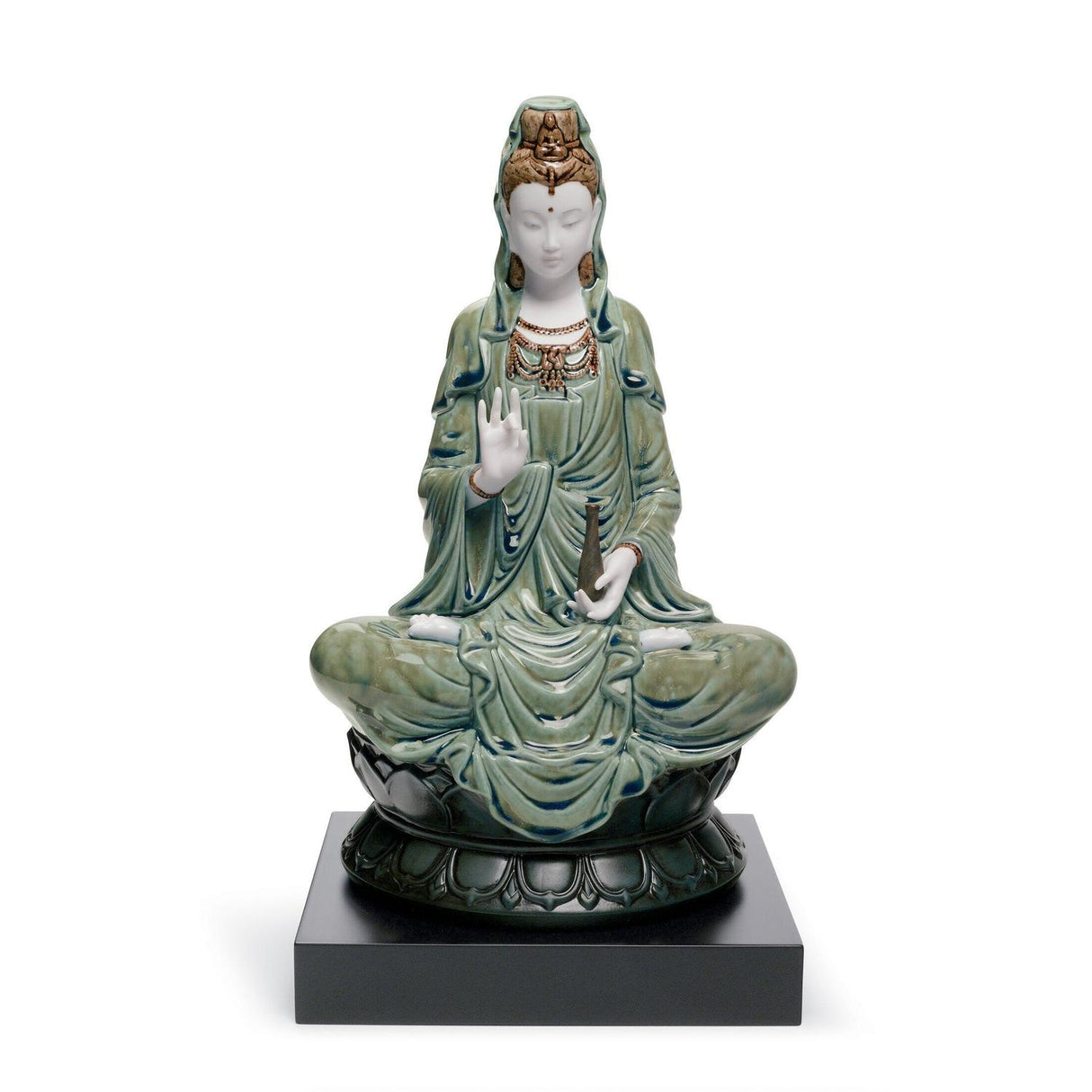 Statuina Kwan Yin Lladrò in porcellana bianca e smalti verdi 33x18 cm