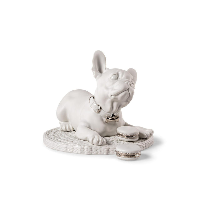 Statuina Bulldog Francese con Macarons Lladrò in porcellana opaca 24x29 cm