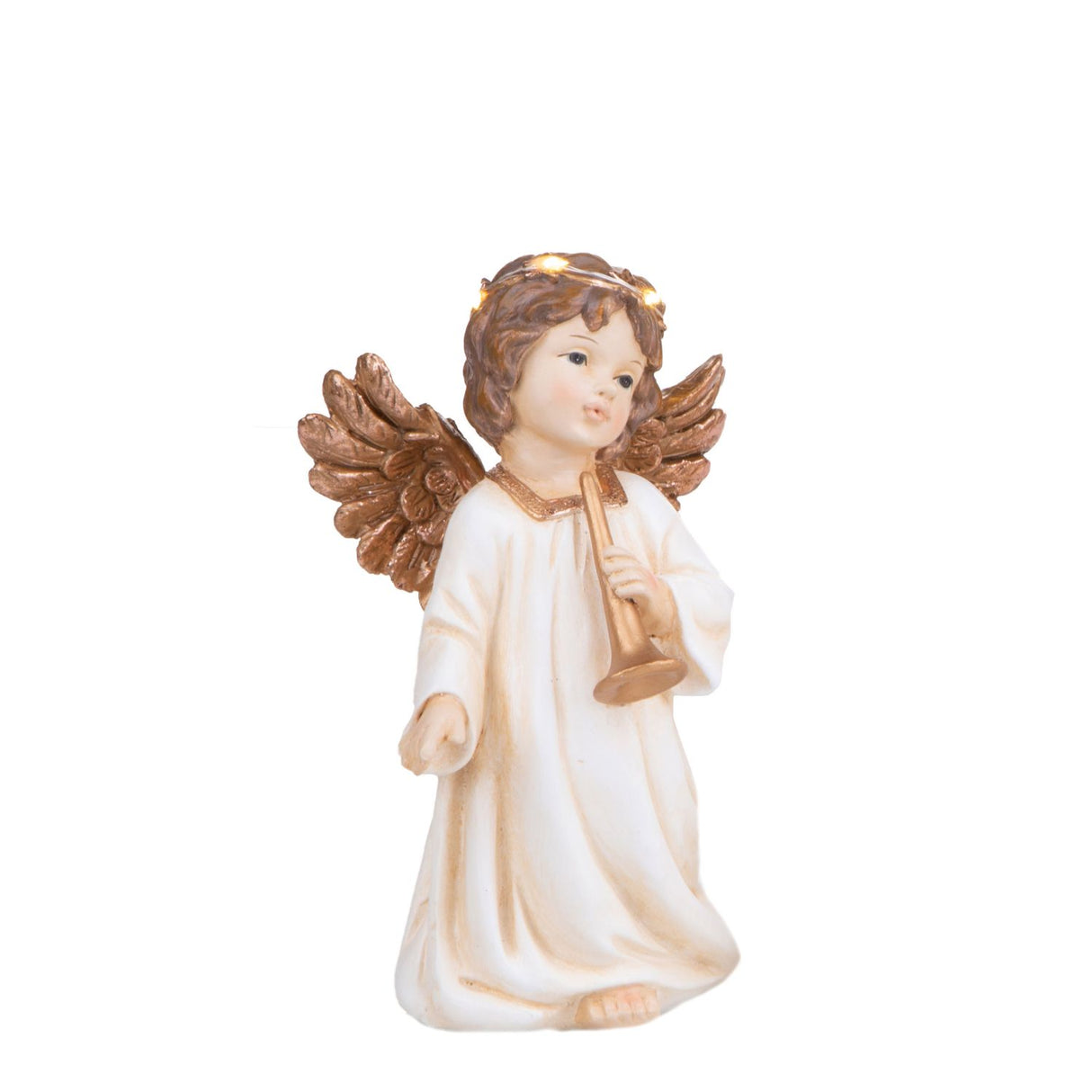 Angelo Putto con Tromba Bianchi Dino in resina con luce LED 20,5 cm