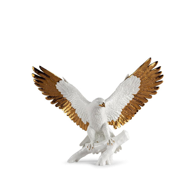 Scultura aquila Lladrò in porcellana bianca e dettagli rame 48x57 cm