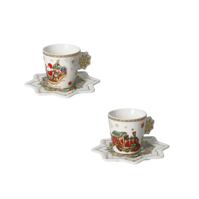 Set 2 tazzine caffè Christmas Brandani in porcellana decorata con piattini