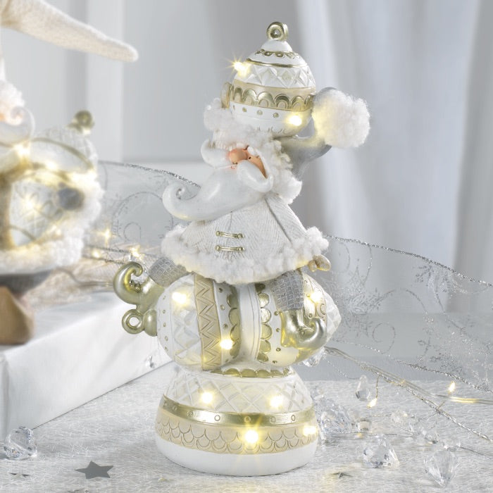Decorazione Babbo Natale Mascagni Casa in resina bianco e oro con luci LED