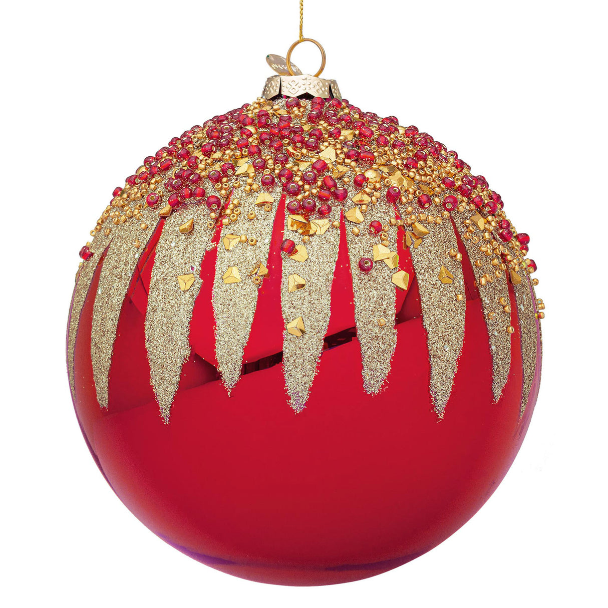 Sfera di Natale Firework Bizzotto in vetro rosso con glitter oro 15 cm