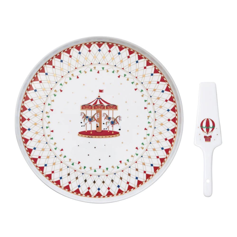 Piatto torta con paletta Easy Life in porcellana decoro natalizio 32 cm