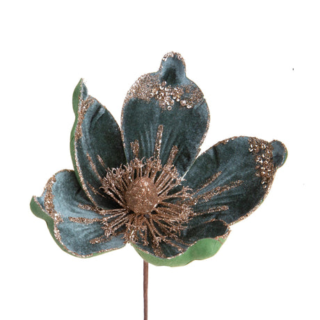 Fiore Magnolia Bianchi Dino in velluto verde con glitter oro 15 cm