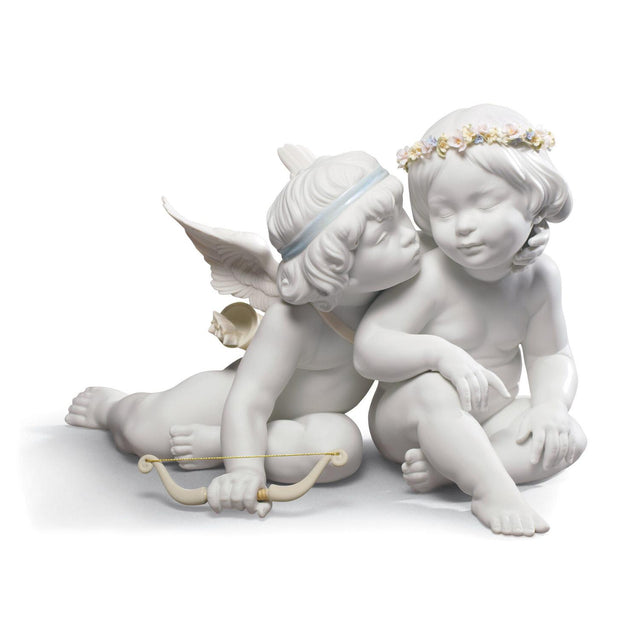 Scultura Amore e Psiche Lladrò in porcellana opaca con fiori 28x43 cm