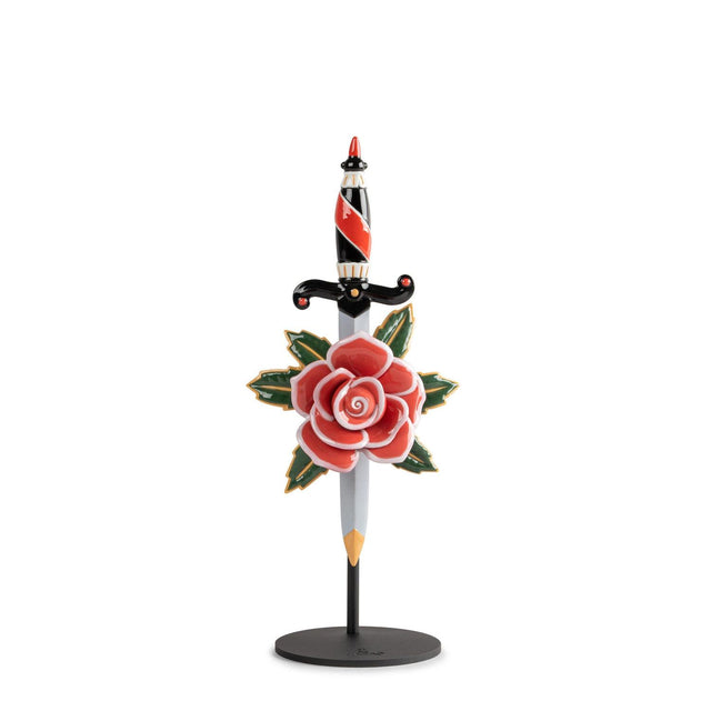 Scultura Rosa e Pugnale Lladrò in porcellana lucida e opaca 36x15 cm