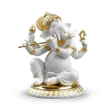 Statuina Ganesha con Bansuri Lladrò in porcellana con dettagli oro 23x19 cm