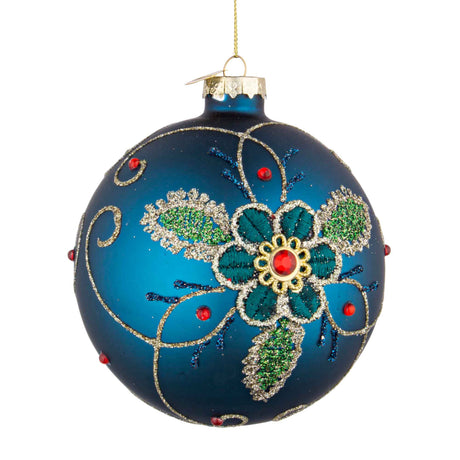 Pallina di Natale Bizzotto in vetro blu con fiore glitterato 10 cm