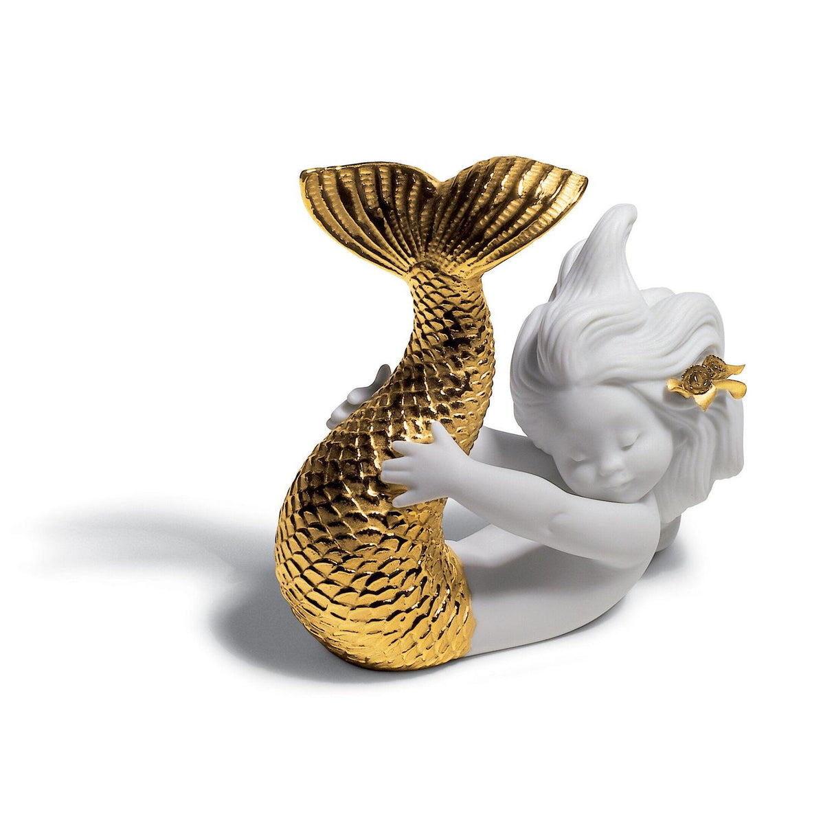 Statuina Sirena Lladrò in porcellana bianca opaca con dettagli dorati 10x12 cm