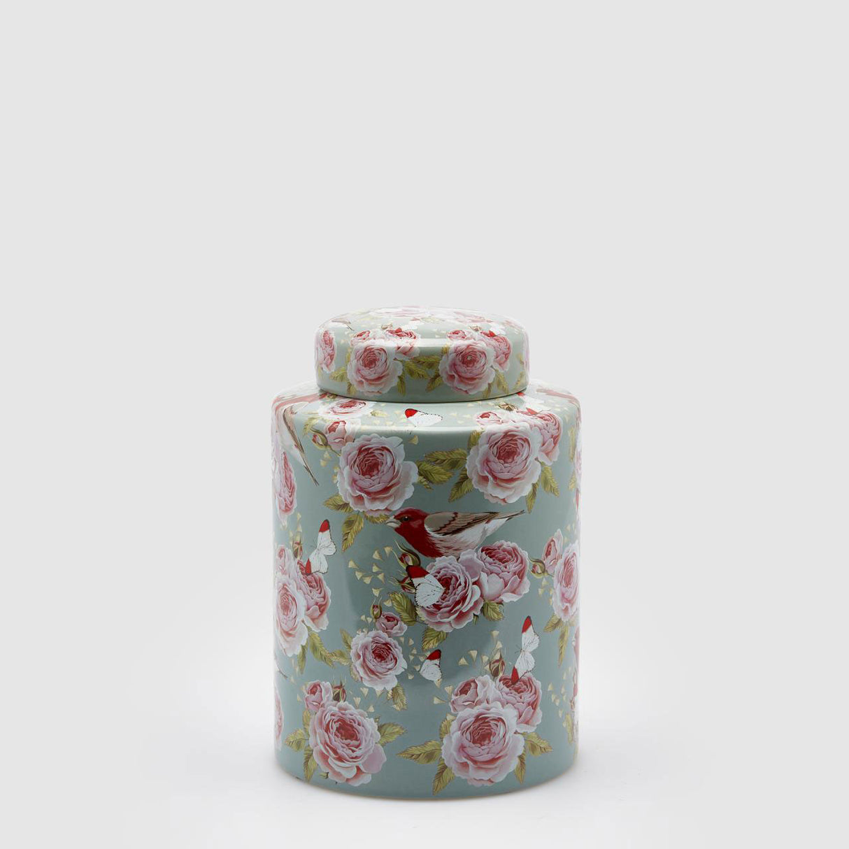 Potiche rotonda EDG in ceramica con decoro rose e pettirossi 28x20 cm