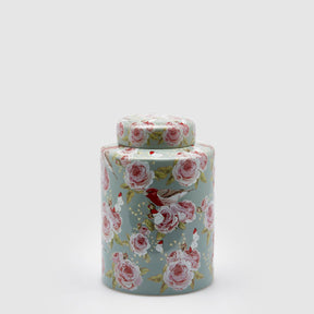 Potiche rotonda EDG in ceramica con decoro rose e pettirossi 28x20 cm