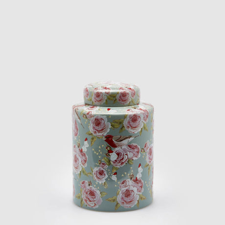 Potiche rotonda EDG in ceramica con decoro rose e pettirossi 28x20 cm