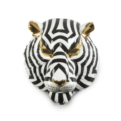 Maschera Tigre Lladrò in porcellana decorata oro e blu 38x30 cm