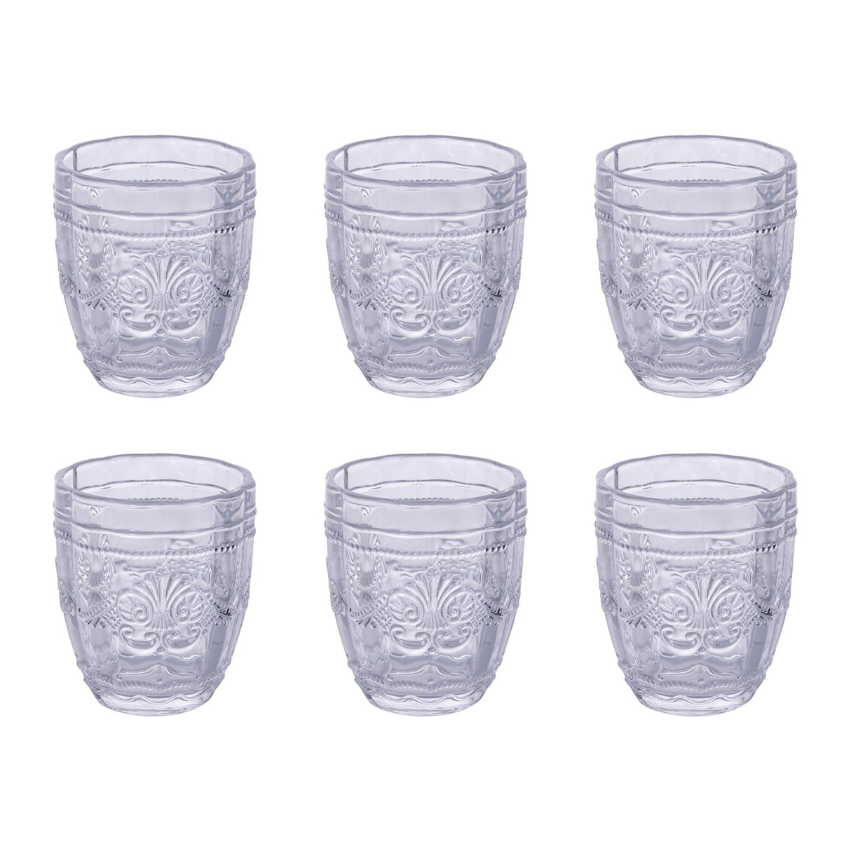 Set 6 bicchieri acqua Villa d'Este in vetro con decori barocchi in rilievo