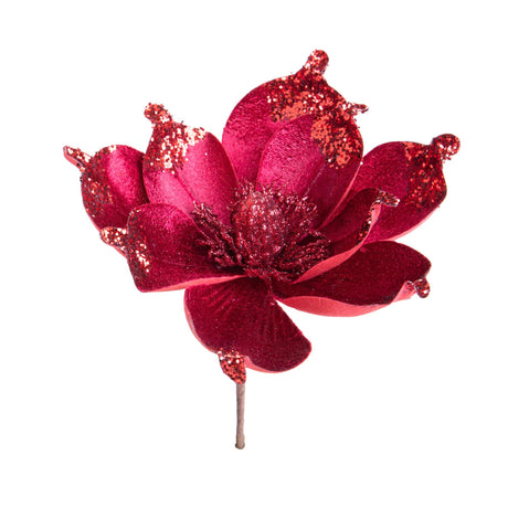 Fiore Magnolia Bianchi Dino in velluto rosso con glitter 22 cm