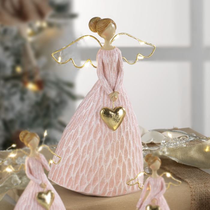 Angelo di Natale LED Mascagni Casa in resina rosa 20,5 cm
