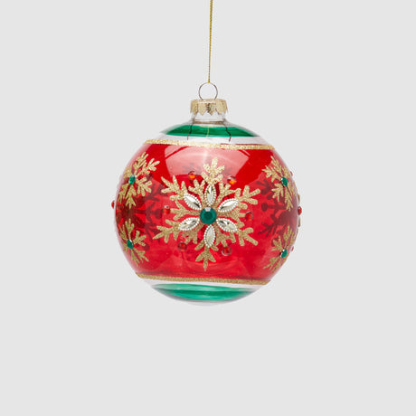 Pallina albero Natale EDG in vetro rosso con fiocchi di neve dorati 12 cm