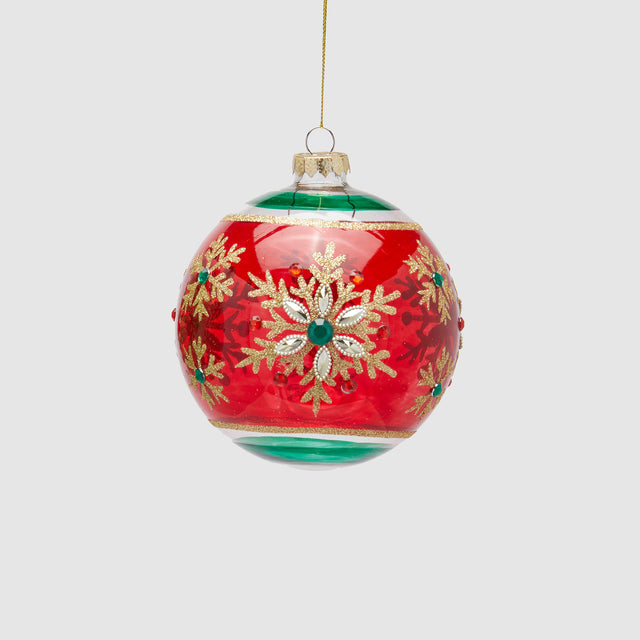Pallina albero Natale EDG in vetro rosso con fiocchi di neve dorati 12 cm