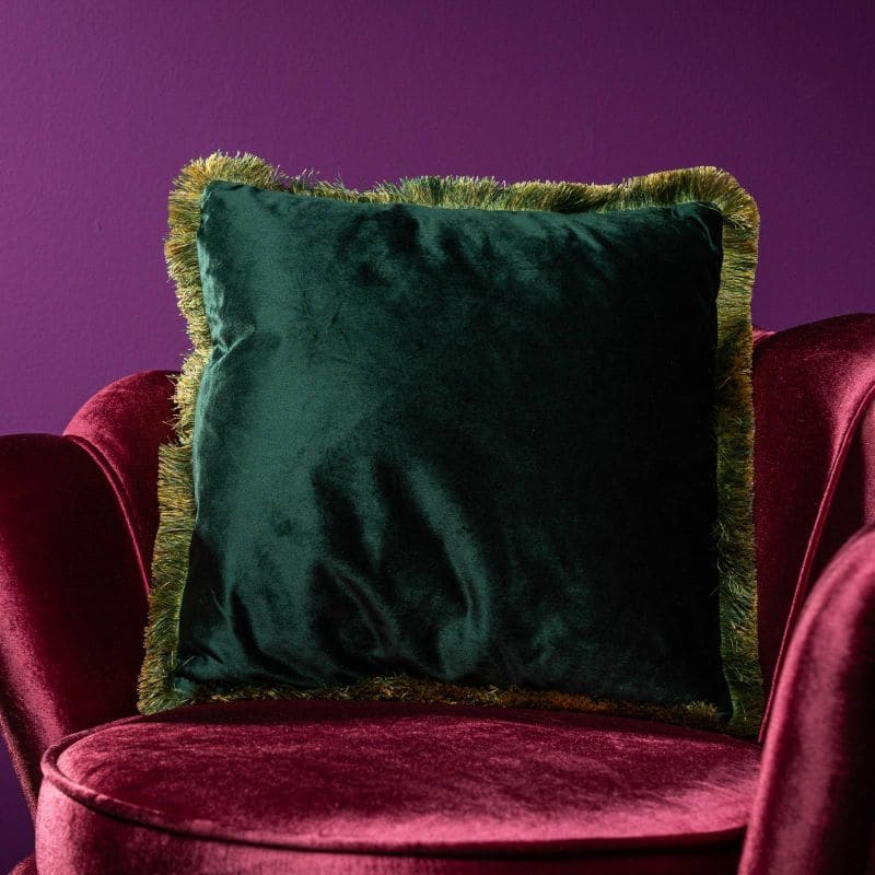 Cuscino Werns in velluto verde petrolio con frange oro 45x45 cm