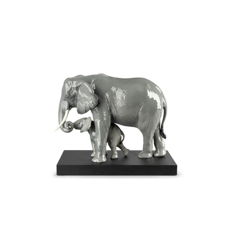 Scultura Elefanti Lladrò in porcellana grigia con dettagli glitter 29x36 cm