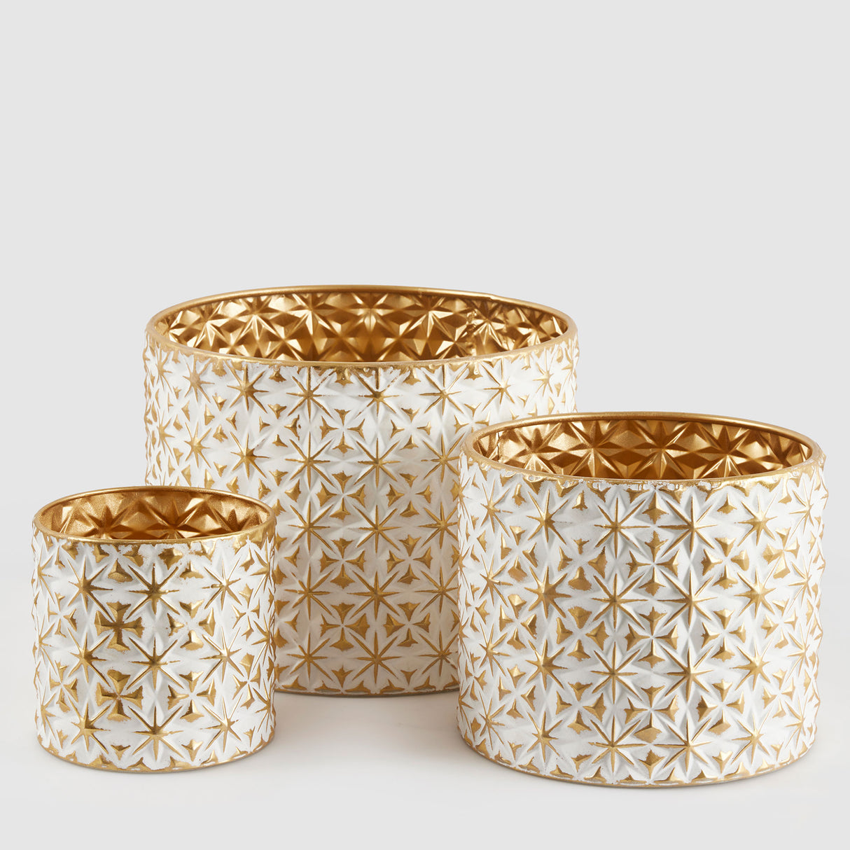 Set 3 vasi rotondi EDG in metallo decoro stelle bianco e oro