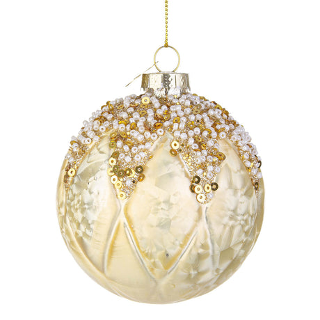 Pallina di Natale Bizzotto in vetro champagne con perline e paillettes 8 cm