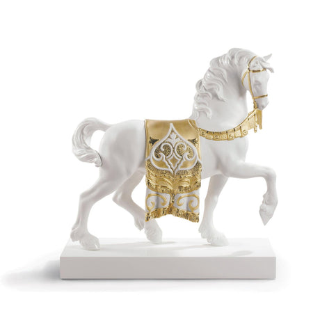 Statuina Cavallo Cortigiano Lladrò in porcellana bianca e decori oro 42x40 cm