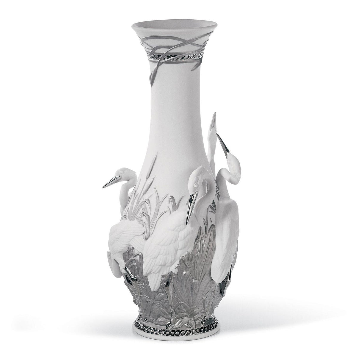 Vaso Aironi Cinerini Lladrò in porcellana bianca e dettagli argento 35x17 cm
