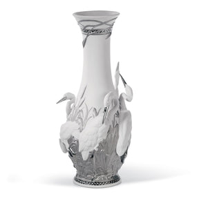 Vaso Aironi Cinerini Lladrò in porcellana bianca e dettagli argento 35x17 cm