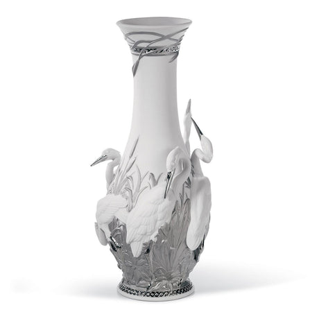 Vaso Aironi Cinerini Lladrò in porcellana bianca e dettagli argento 35x17 cm