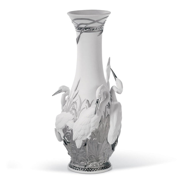 Vaso Aironi Cinerini Lladrò in porcellana bianca e dettagli argento 35x17 cm