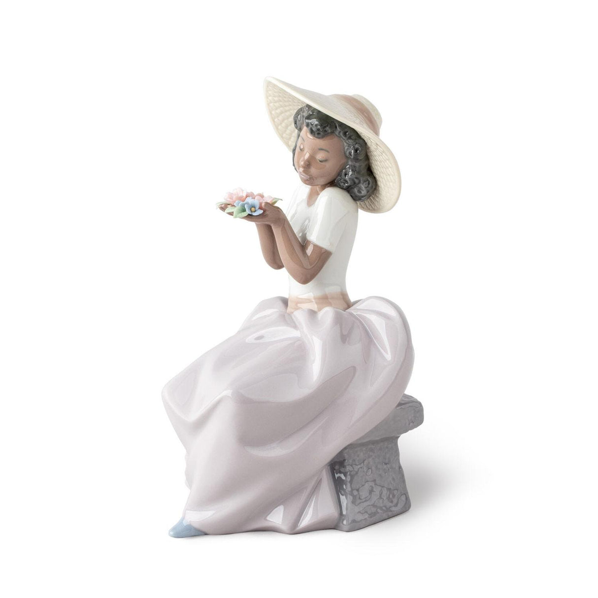Statuina Ragazza Dolce Fragranza Lladrò in porcellana con fiori 19x9 cm