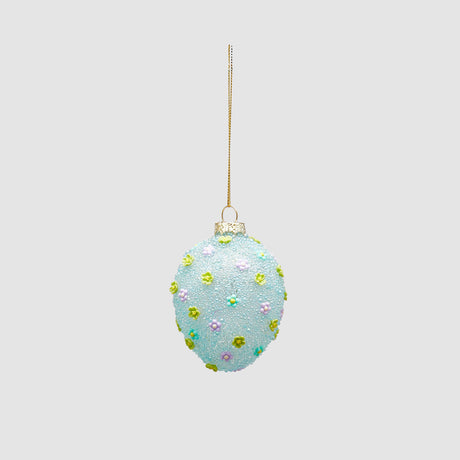 Uovo di Pasqua da appendere EDG in vetro decorato con fiori blu 8 cm