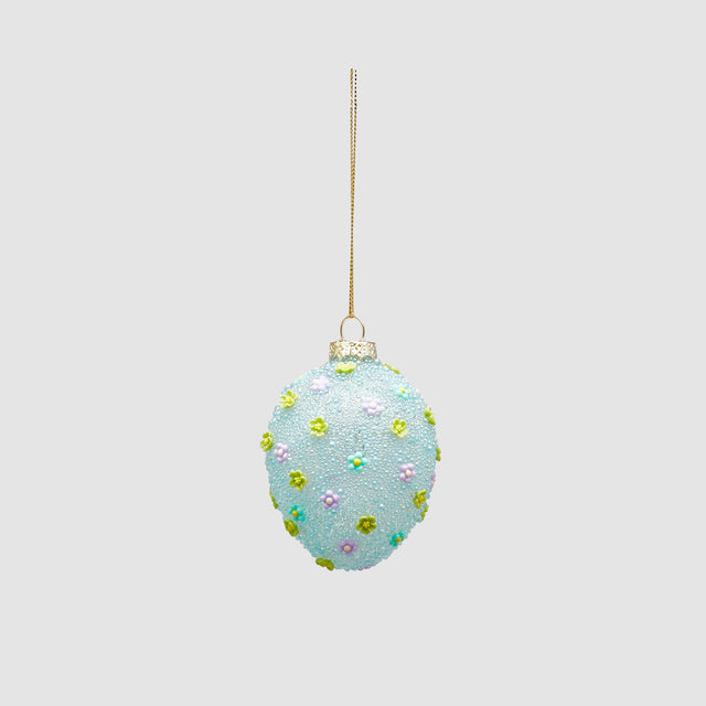 Uovo di Pasqua da appendere EDG in vetro decorato con fiori blu 8 cm