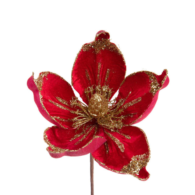 Fiore Magnolia Bianchi Dino in velluto rosso con glitter oro 15 cm