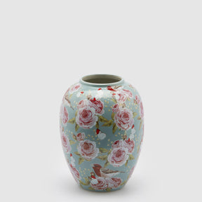 Vaso Ching EDG in ceramica azzurra con decoro rose 25x20 cm