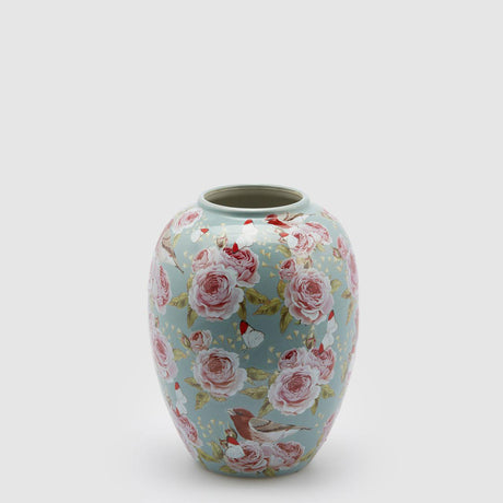 Vaso Ching EDG in ceramica azzurra con decoro rose 25x20 cm