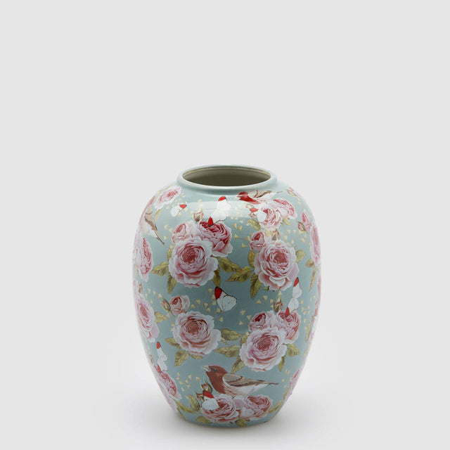 Vaso Ching EDG in ceramica azzurra con decoro rose 25x20 cm