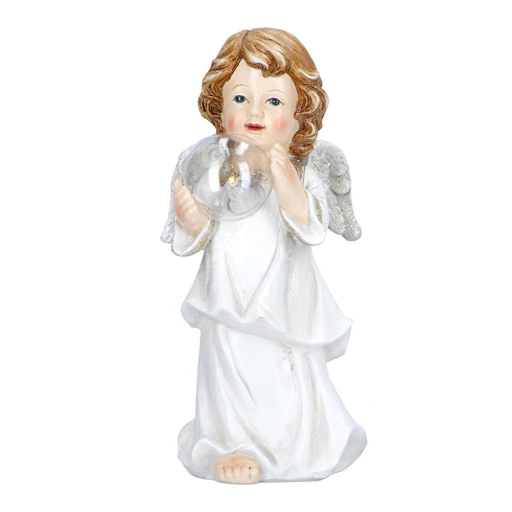 Angelo Putto con sfera LED Timstor in resina bianca 25,5 cm