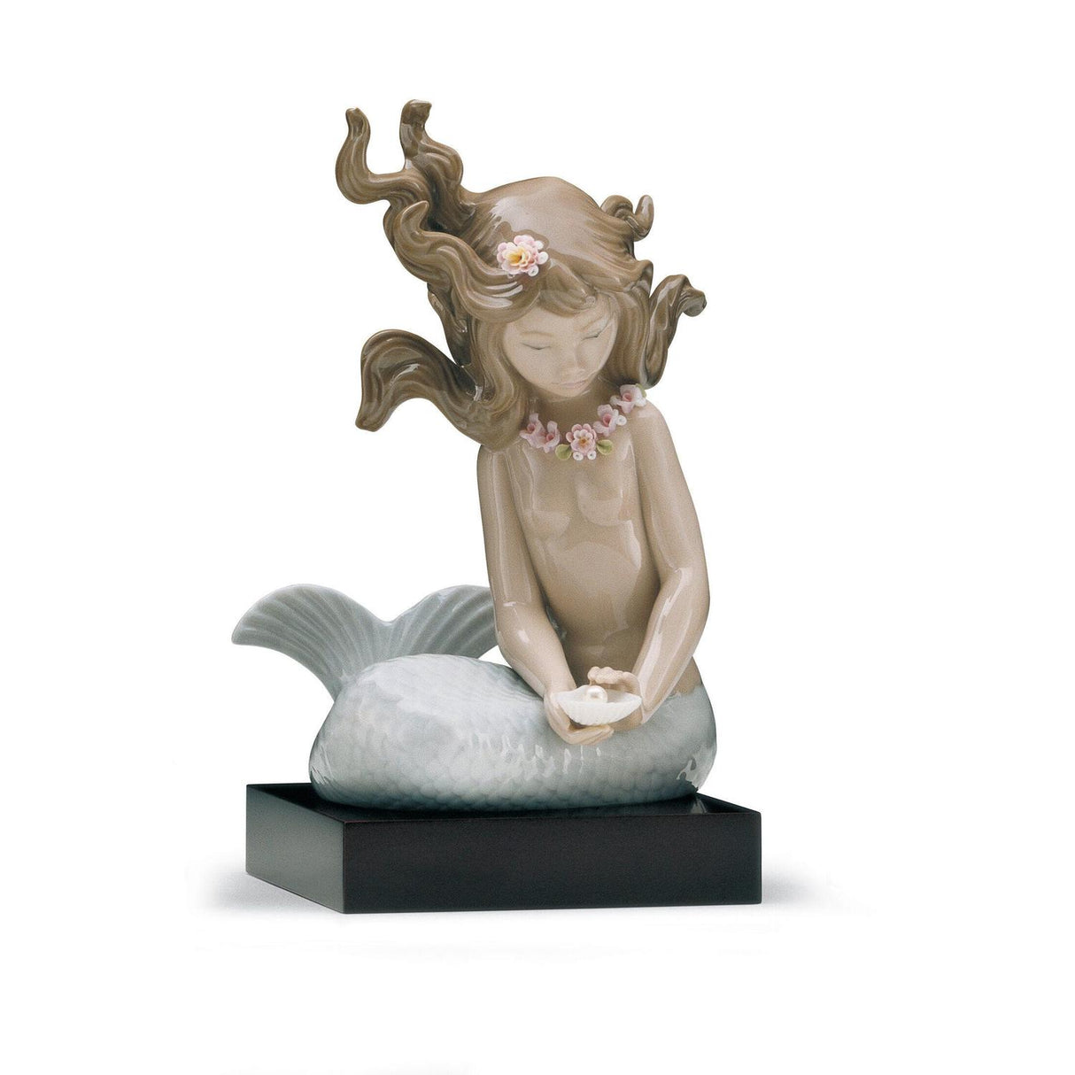 Statuina Sirena Lladrò in porcellana lucida con fiori 18x9x10 cm