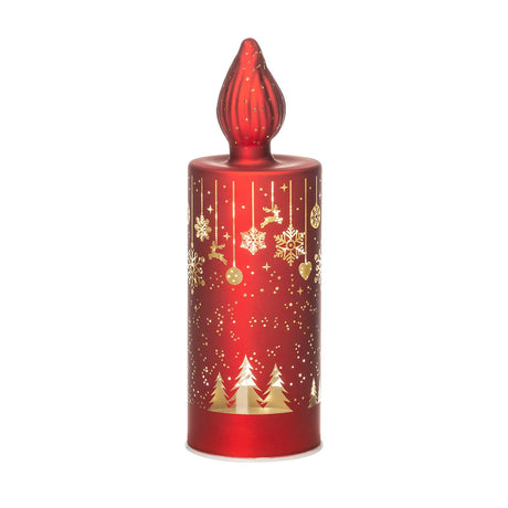 Candela LED Noel in vetro rosso con decorazioni natalizie 22 cm