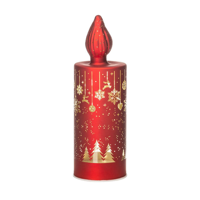Candela LED Noel in vetro rosso con decorazioni natalizie 22 cm