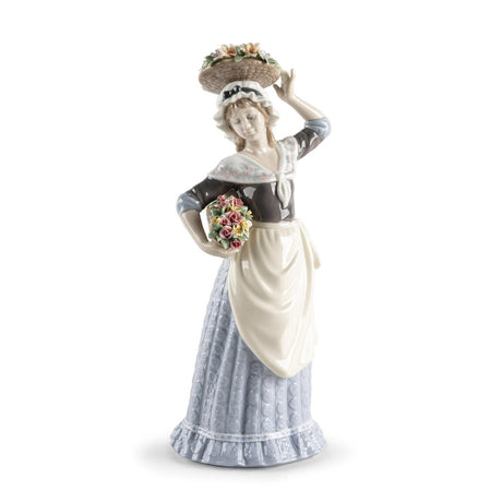 Scultura contadina con fiori Lladrò in porcellana lucida 29x14 cm